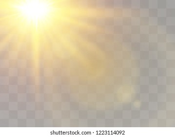 Sunlight on a transparent background. Glow light effects. Star flashed sequins. Sun glare on transparent background. the lens sparkles.
