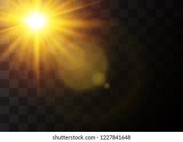 Sunlight on a transparent background. Glow light effects. Star flashed sequins. Sun glare on transparent background. the lens sparkles.