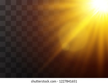 Sunlight on a transparent background. Glow light effects. Star flashed sequins. Sun glare on transparent background. the lens sparkles.