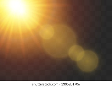 Sunlight on a transparent background. Glow light effects. Star flashed sequins. Sun glare on transparent background. the lens sparkles.