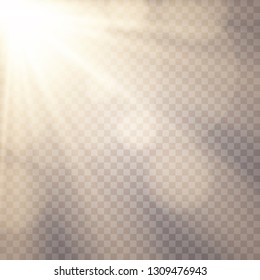 Sunlight on a transparent background. Glow light effects.Star flashed sequins. Sun glare on transparent background. the lens sparkles.Vector transparent sunlight special lens flare light effect.Vector