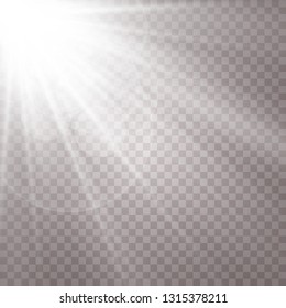 Sunlight on a transparent background. Glow light effects. Star flashed sequins. Sun glare on transparent background. the lens sparkles. Vector transparent sunlight special lens flare light effect. 
