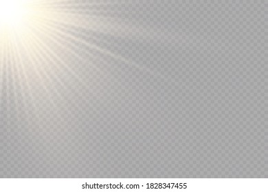 Sunlight on a transparent background. Glow light effects. Star flashed sequins. Sun glare on transparent background. the lens sparkles.