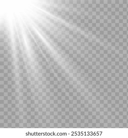 Luz solar em um fundo transparente. Efeitos de luz brilhante. Lantejoulas com flash estelar. O sol brilha no fundo transparente. a lente brilha.