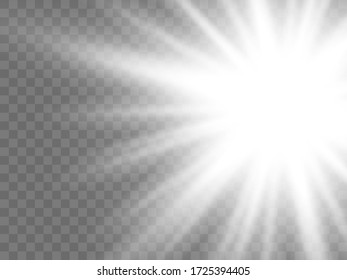 Sunlight on a transparent background. Isolated white rays of light. Vector illustration