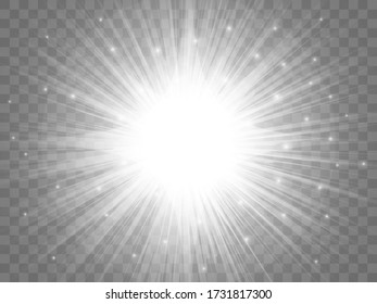 Luz solar sobre un fondo transparente. Rayos blancos de luz aislados. Ilustración del vector