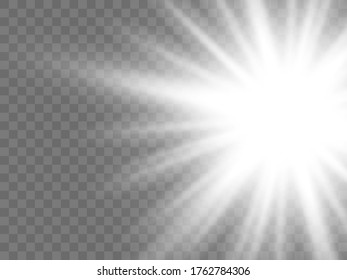 Sunlight on a transparent background. Isolated white rays of light. Vector illustration