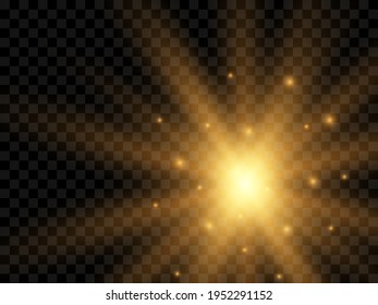 Luz solar sobre un fondo transparente. Rayos de luz amarillos aislados. Ilustración del vector