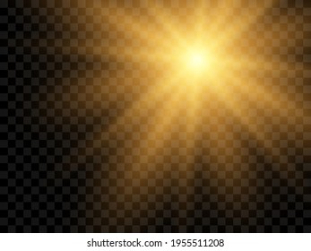 Sunlight on a transparent background. Isolated yellow rays of light. Vector illustration