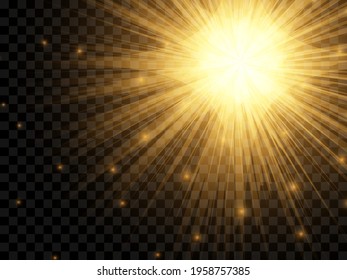 Sunlight on a transparent background. Isolated yellow rays of light. Vector illustration