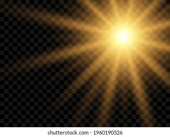 Sunlight on a transparent background. Isolated yellow rays of light. Vector illustration