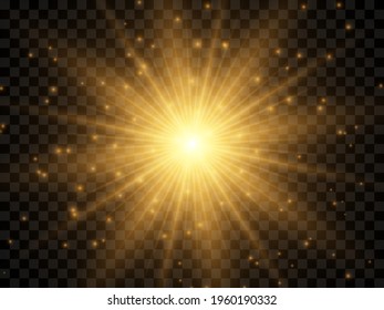 Sunlight on a transparent background. Isolated yellow rays of light. Vector illustration