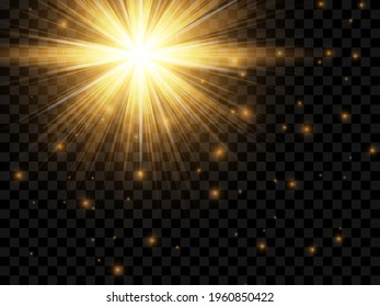 Sunlight on a transparent background. Isolated yellow rays of light. Vector illustration