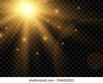 Sunlight on a transparent background. Isolated yellow rays of light. Vector illustration