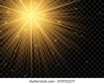 Sunlight on a transparent background. Isolated yellow rays of light. Vector illustration