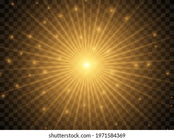 Sunlight on a transparent background. Isolated yellow rays of light. Vector illustration