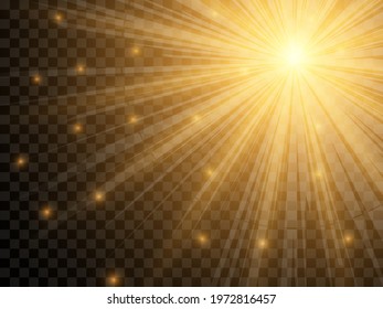 Sunlight on a transparent background. Isolated yellow rays of light. Vector illustration