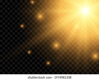 Sunlight on a transparent background. Isolated yellow rays of light. Vector illustration