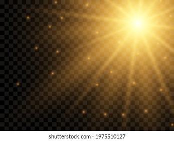 Sunlight on a transparent background. Isolated yellow rays of light. Vector illustration