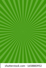 Sunlight rays background. Green color burst background. Vector illustration. Sun beam ray sunburst wallpaper. Retro bright backdrop. Vintage poster or placard