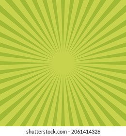 Sunlight rays background. Green color burst background. Vector illustration. Sun beam ray sunburst wallpaper. Retro bright backdrop. Vintage poster or placard