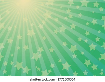 Sunlight rays background. Green and gold color burst background with shining stars. Vector illustration. Sun beam ray sunburst pattern backdrop. Magic, festival, circus poster