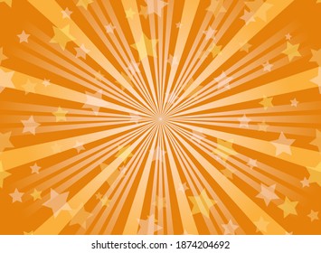 Sunlight rays background. Orange color burst background with shining stars. Vector illustration. Sun beam ray sunburst pattern backdrop. Magic, festival, circus poster