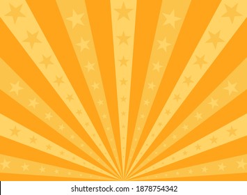 Sunlight rays background. Orange color burst background with shining stars. Vector illustration. Sun beam ray sunburst pattern backdrop. Magic, festival, circus poster