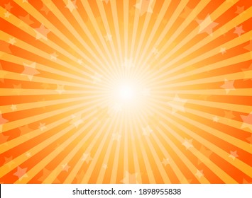 Fondo de rayos solares. El color naranja rota el fondo con estrellas brillantes. Ilustración vectorial. Fondo del patrón de rayo solar de rayos solares. Afiche de magia, festival, circo