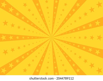 Sunlight rays background. Orange color burst background with shining stars. Vector illustration. Sun beam ray sunburst pattern backdrop. Magic, festival, circus poster