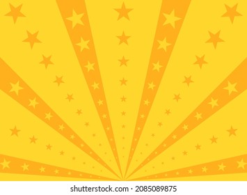 Sunlight rays background. Orange color burst background with shining stars. Vector illustration. Sun beam ray sunburst pattern backdrop. Magic, festival, circus poster