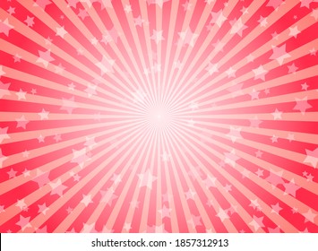 Sunlight rays background. Red  color burst background with shining stars. Vector Christmas illustration. Sun beam ray sunburst pattern backdrop. Magic, festival, circus poster