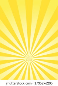 Sunlight rays glow vertical background. Bright yellow color burst background. Vector illustration. Sun beam ray sunburst wallpaper. Retro bright backdrop. starburst circus  poster or placard