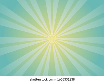 El fondo horizontal de la luz solar. Fondo de color azul ráfaga con luz amarilla alta. Ilustración vectorial. Papel pintado de rayos solares. Fondo retro brillante. Afiche o cartel de época