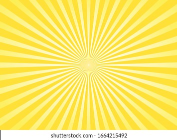 Sunlight rays horizontal background. Bright yellow color burst background. Vector illustration. Sun beam ray sunburst wallpaper. Retro bright backdrop. starburst circus  poster or placard