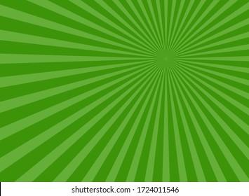 Sunlight rays horizontal background. Green color burst background. Vector illustration. Sun beam ray sunburst wallpaper. Retro bright backdrop. Vintage poster or placard