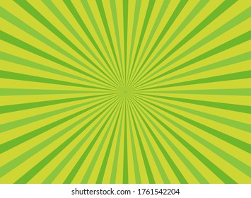 Sunlight rays horizontal background. Green color burst background. Vector illustration. Sun beam ray sunburst wallpaper. Retro bright backdrop. Vintage poster or placard