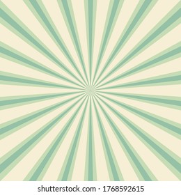 Sunlight rays horizontal background. Green and beige color burst background. Vector illustration. Sun beam ray sunburst wallpaper. Retro bright backdrop. Vintage poster or placard