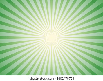 Sunlight rays horizontal background. Green color burst background. Vector illustration. Sun beam ray sunburst wallpaper. Retro bright backdrop. Vintage poster or placard
