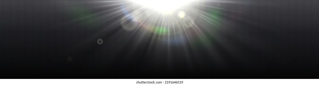 Sunlight rays with lens glare and rainbow isolated on transparent background. Vector realistic illustration of abstract white flare or sunlight shine with refraction effect