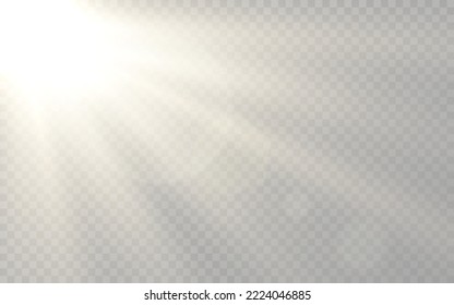 Sunlight rays. Realistic sunshine on transparent background. Bright sun beams with bokeh effect. Shining rays and lens flare. Warm sun flash. Vector illustration.