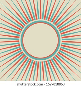 Sunlight rays retro background. Pale red, blue, beige color burst background. Fantasy Vector illustration. Magic Sun beam ray pattern background. Old paper starburst. Circus poster or placard