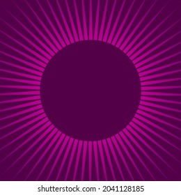 Sunlight rays retro background with round frame for text. bright purple color burst background. Vector illustration. Sun beam ray wallpaper. Circus sunny banner or placard