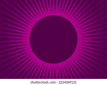 Sunlight Rays Retro Background With Round Frame For Text. Bright Purple Color Burst Background. Vector Illustration. Sun Beam Ray Wallpaper. Circus Sunny Banner Or Placard