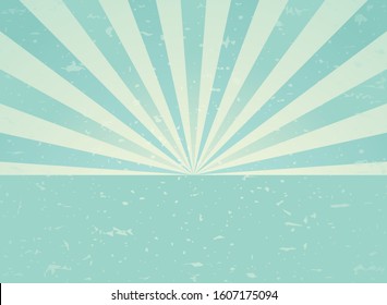 Sunlight rays retro grunge background. blue and beige color burst background. Vector horizontal illustration. Sun beam ray wallpaper. Old speckled placard. vintage scratched poster