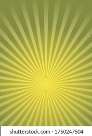 Sunlight rays vertical background. Green color burst background. Vector illustration. Sun beam ray sunburst wallpaper. Retro bright backdrop. Vintage poster or placard