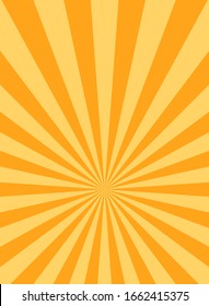 Sunlight rays vertical background. Vintage orange color burst background. Vector illustration. Sun beam ray sunburst wallpaper. Retro bright backdrop. Circus starburst poster or placard