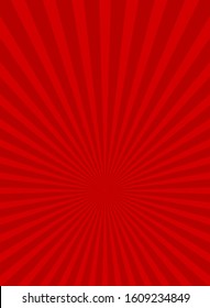 Sunlight rays vertical poster. Red burst background. Vector illustration. Sun beam ray sunburst wallpaper. Retro circus placard
