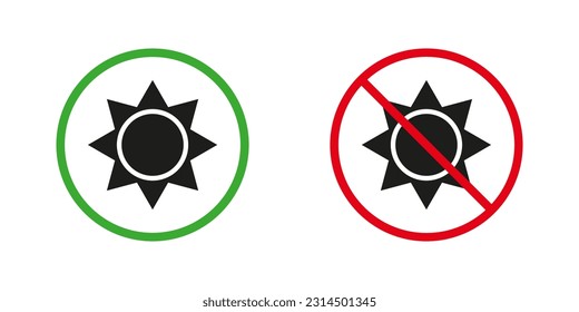 Sunlight Red and Green Warning Signs. Summer Sun Light Silhouette Icons Set. Sunshine Zone Allowed and Prohibited Pictogram. Warning Sun Ray Radiation Symbol. Block UV. Isolated Vector Illustration.