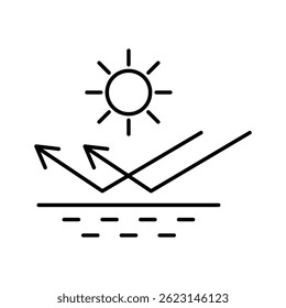 Ícone de reflexo da luz solar. Setas de deflexão de calor. Vetor de proteção solar. Símbolo de salto UV.